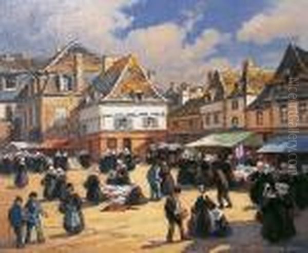 Place Du Marche A Quimper Oil Painting by Henri Alphonse Barnoin