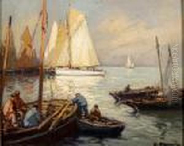 Bateaux De Peche Huile Sur Panneau Signee En Bas A Droite Oil Painting by Henri Alphonse Barnoin