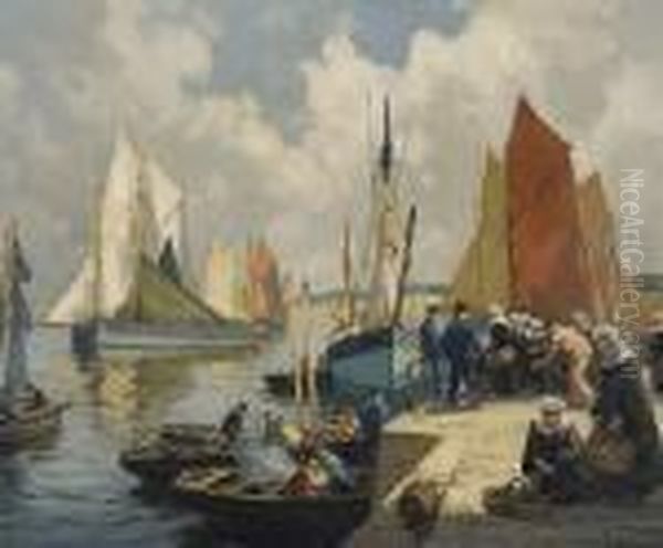 Port De Concarneau, And Another Similar Oil Painting by Henri Alphonse Barnoin