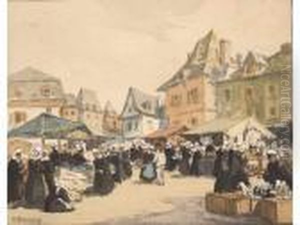 Le Marche Aux Faiences A Quimper Oil Painting by Henri Alphonse Barnoin