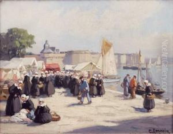 Marche Sur Le Port De Concarneau Oil Painting by Henri Alphonse Barnoin