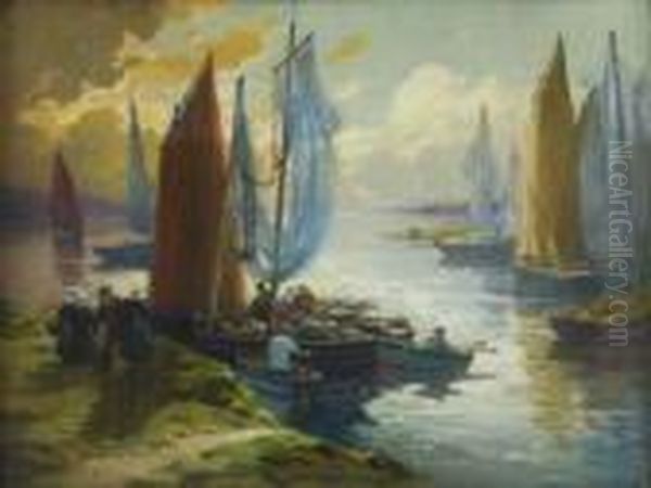 Retour De Peche Aux Filets Bleus Oil Painting by Henri Alphonse Barnoin