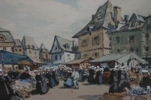 A Pair Of Prints Depicting Market Scenes Oil Painting by Henri Alphonse Barnoin