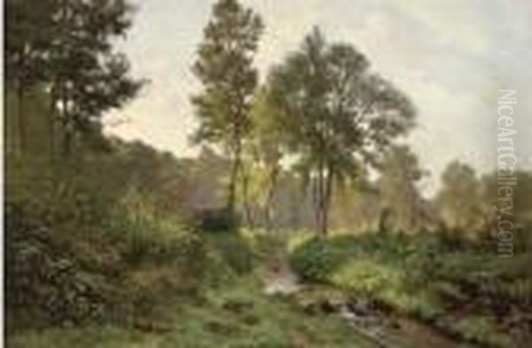 Woodland River At Dusk Oil Painting by Henri Alphonse Barnoin