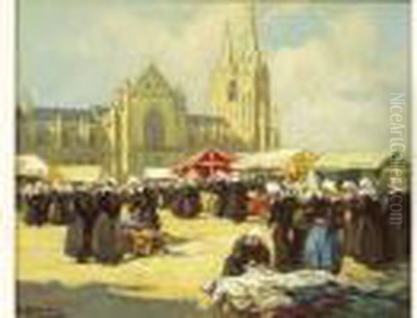 Le Marche De Quimper Oil Painting by Henri Alphonse Barnoin