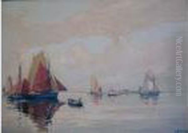 < Bateaux De Peche Par Calme Plat >. Oil Painting by Henri Alphonse Barnoin