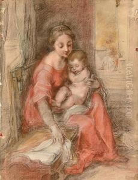 The Madonna And Child Beside A 
Crib In An Interior, Saint Josephseen Reading Through A Doorway To The 
Right Oil Painting by Federico Fiori Barocci