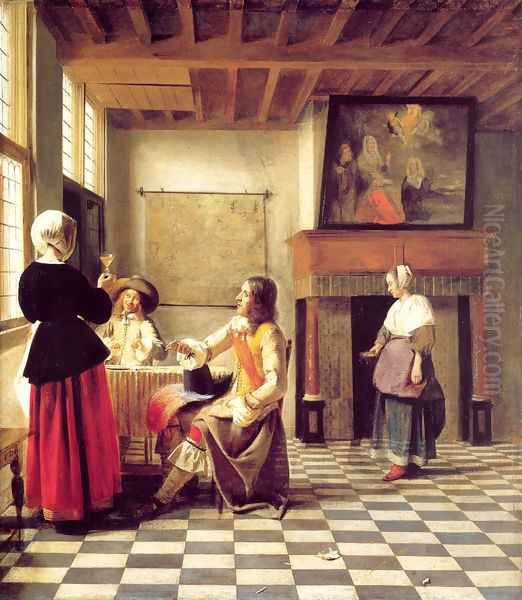 A Woman Drinking with Two Men and a Serving Woman Oil Painting by Pieter De Hooch