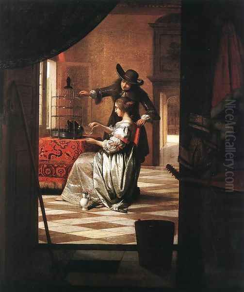 Couple with Parrot 1668 Oil Painting by Pieter De Hooch