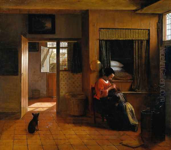 Interior with a Mother delousing her child's hair, known as 'A Mother's duty' Oil Painting by Pieter De Hooch