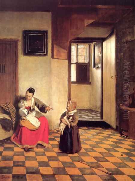 A Woman With A Baby In Her Lap And A Small Child Oil Painting by Pieter De Hooch