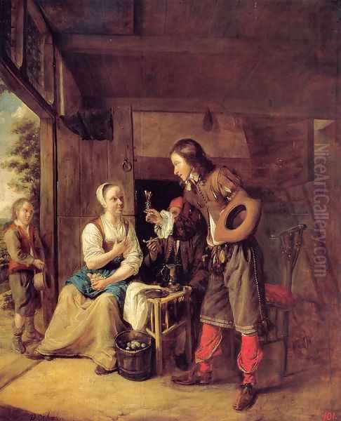 A Man Offering A Glass Of Wine To A Woman Oil Painting by Pieter De Hooch