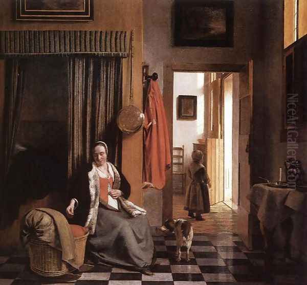 Mother Lacing Her Bodice beside a Cradle 1659-60 Oil Painting by Pieter De Hooch