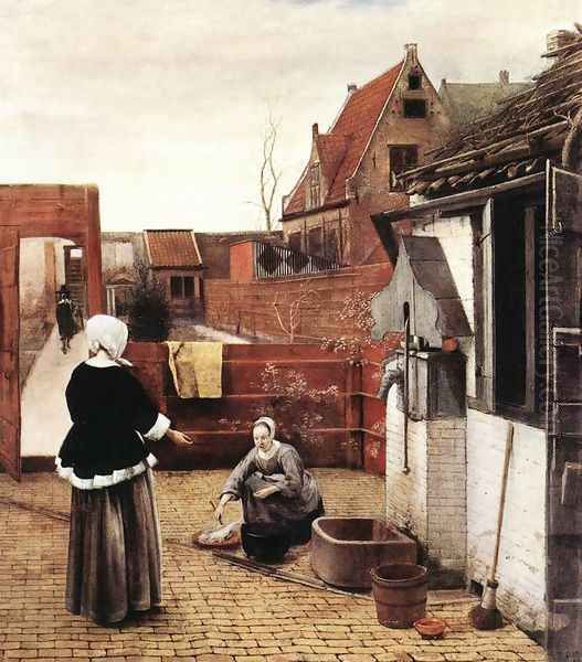 Woman and Maid in a Courtyard c. 1660 Oil Painting by Pieter De Hooch