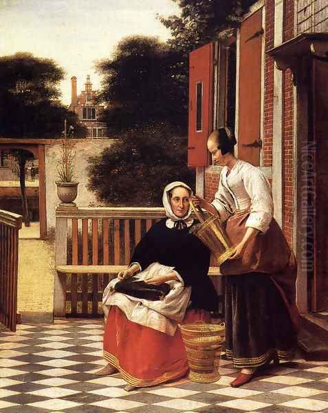 Woman and a Maid with a Pail in a Courtyard Oil Painting by Pieter De Hooch