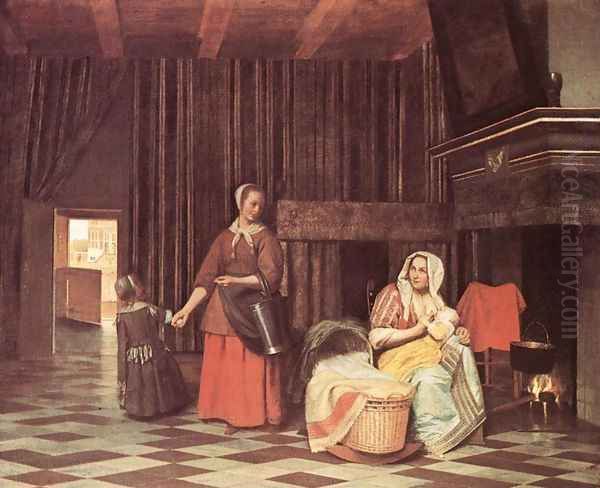 Suckling Mother and Maid 1670-75 Oil Painting by Pieter De Hooch