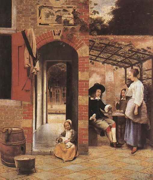 Figures Drinking in a Courtyard Oil Painting by Pieter De Hooch