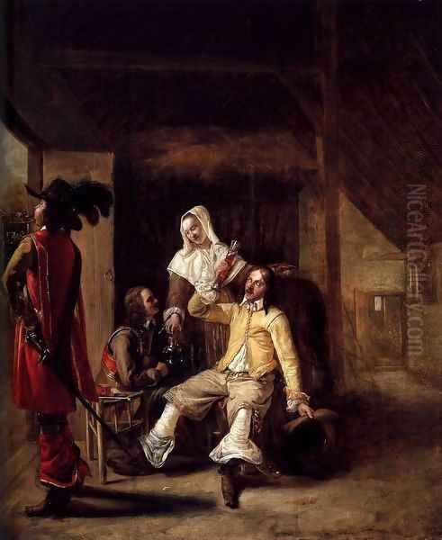 Two Soldiers and a Serving Woman with a Trumpeter Oil Painting by Pieter De Hooch