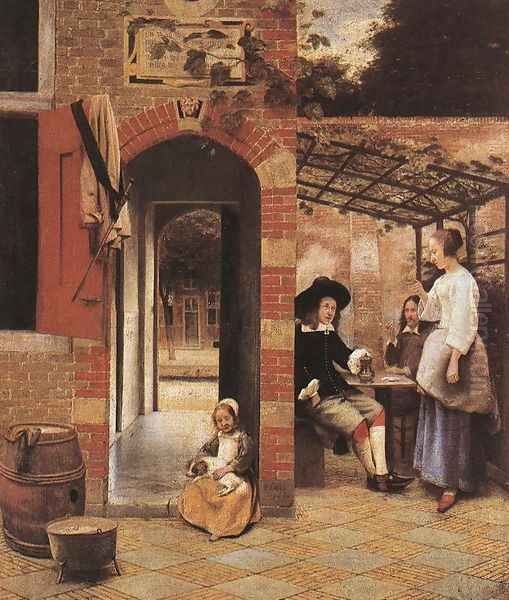 Drinkers in the Bower Oil Painting by Pieter De Hooch