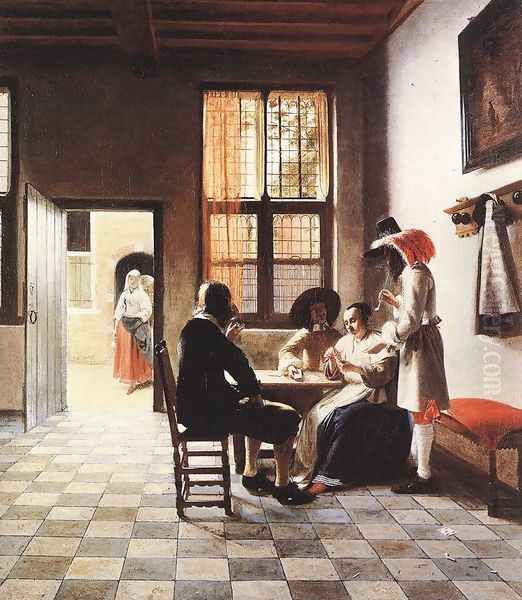 Cardplayers in a Sunlit Room Oil Painting by Pieter De Hooch