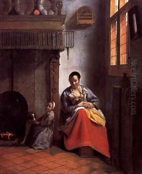 A Woman Nursing an Infant with a Child and a Dog Oil Painting by Pieter De Hooch