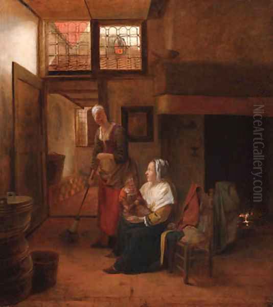 A mother and child with a serving woman in an interior, a hallway beyond Oil Painting by Pieter De Hooch