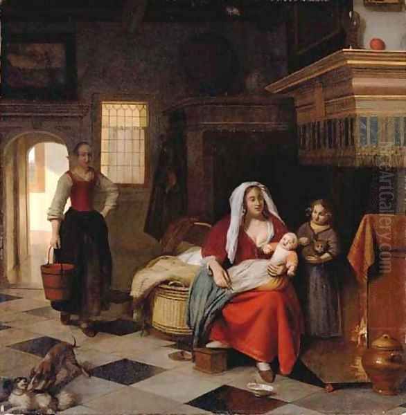 A mother and baby in an interior with a young girl and a maid Oil Painting by Pieter De Hooch