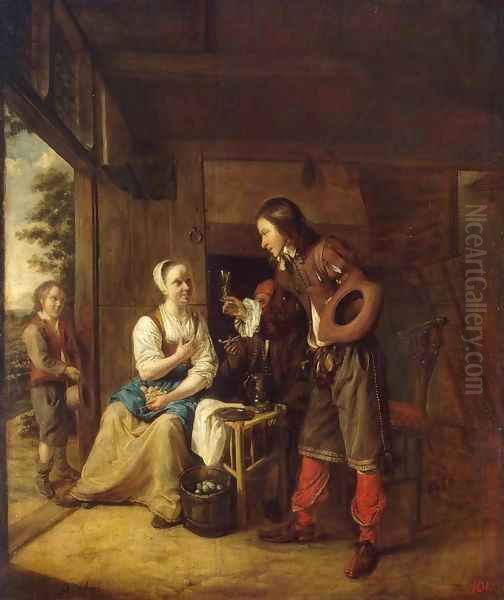 Man Offering a Glass of Wine to a Woman Oil Painting by Pieter De Hooch