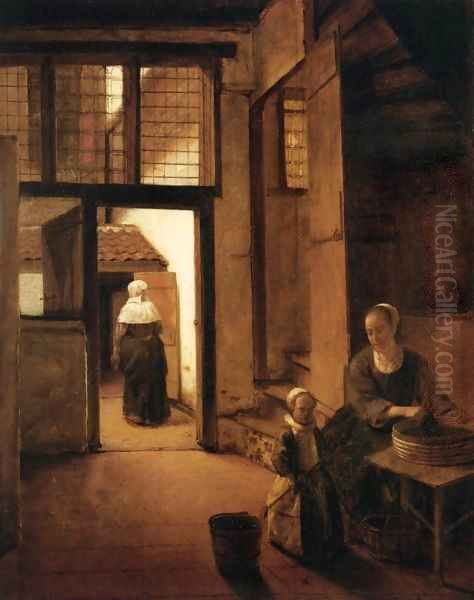 Woman Peeling Vegetables in the Back Room of a Dutch House Oil Painting by Pieter De Hooch