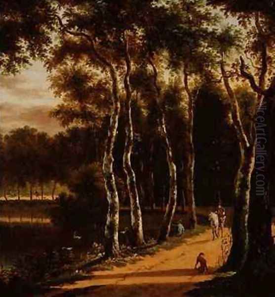 An Avenue of Birches Beside a River Oil Painting by Jan Hackaert