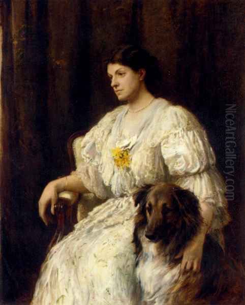 Portrait of a lady with her collie, seated, three-quarter length Oil Painting by Heywood Hardy