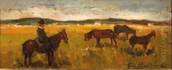 Buttero E Cavalli In Maremma Oil Painting by Giovanni Bartolena