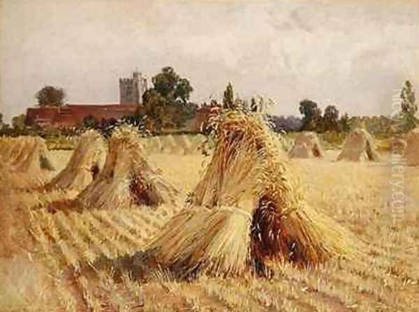 Corn Stooks by Bray Church Oil Painting by Heywood Hardy