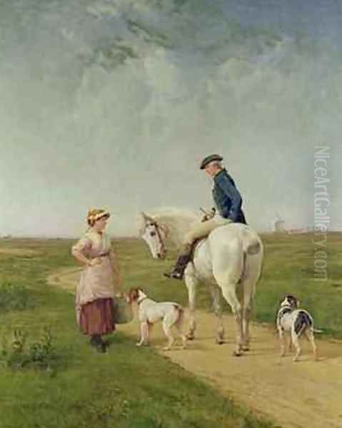 Milkmaid talking to a Cavalier Oil Painting by Heywood Hardy