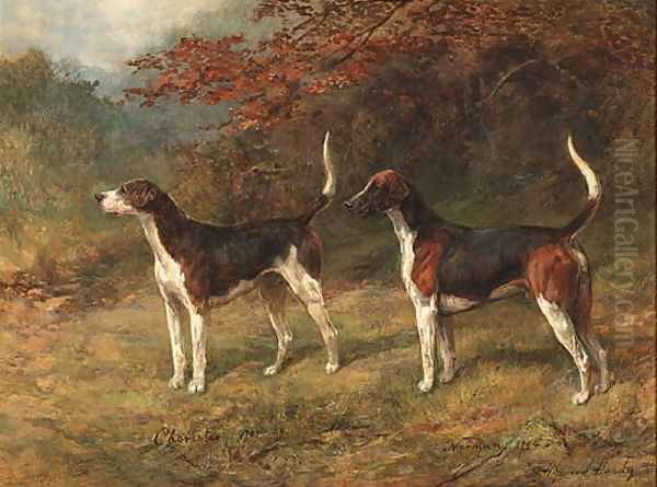 Chorister and Norman, one couple of fox hounds beside a covert Oil Painting by Heywood Hardy