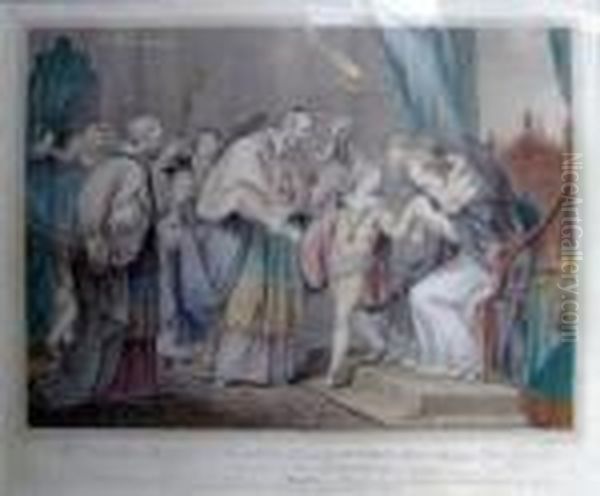 Ra , After Giovanni Battista 
Cipriani Ra , 'the Dowager Queen Of Edward 4th Parting With The Duke Of 
York To The Two Archbishops', Handcoloured Engraving, 33cm X 39cm, 
Framed Oil Painting by Francesco Bartolozzi