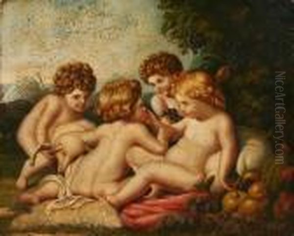 Cherubs In A Landscape Oil Painting by Francesco Bartolozzi