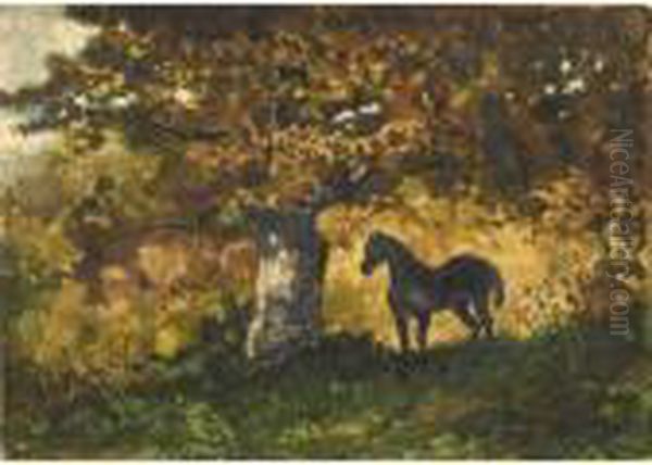 Cheval Dans Un Sous Bois Oil Painting by Antoine-louis Barye