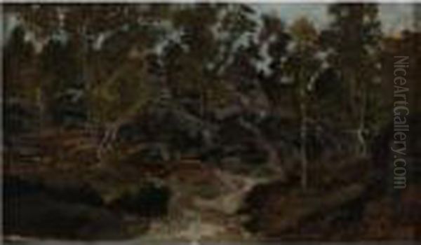 Rochers En Foret De Fontainebleau Oil Painting by Antoine-louis Barye