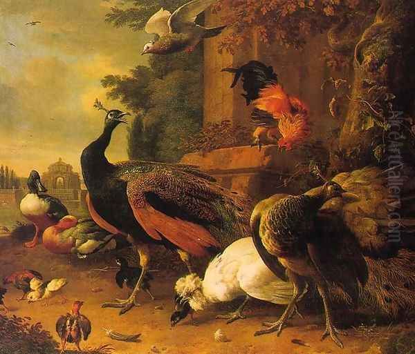 Birds in a Park 1686 Oil Painting by Melchior de Hondecoeter