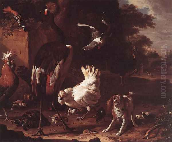 Birds and a Spaniel in a Garden Oil Painting by Melchior de Hondecoeter