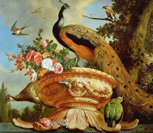 A Peacock on a Decorative Urn Oil Painting by Melchior de Hondecoeter