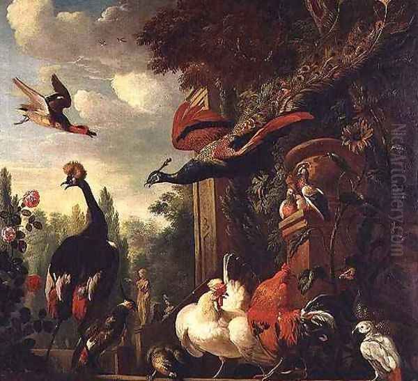 A peacock peahen and other exotic birds and poultry on a Terrace Oil Painting by Melchior de Hondecoeter