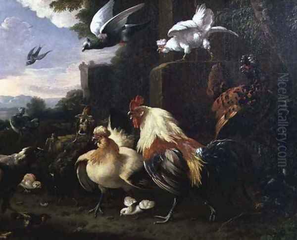 A cockerel and other fowl in a landscape Oil Painting by Melchior de Hondecoeter