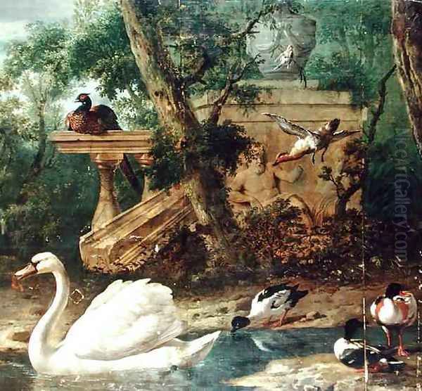 Birds in a Garden Oil Painting by Melchior de Hondecoeter