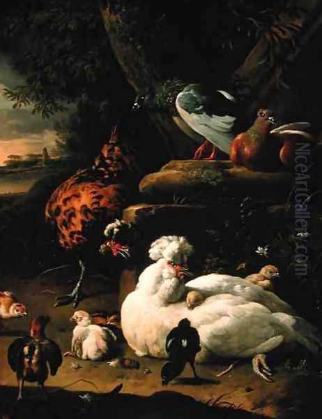 A hen with chicks a rooster and pigeons in a landscape Oil Painting by Melchior de Hondecoeter