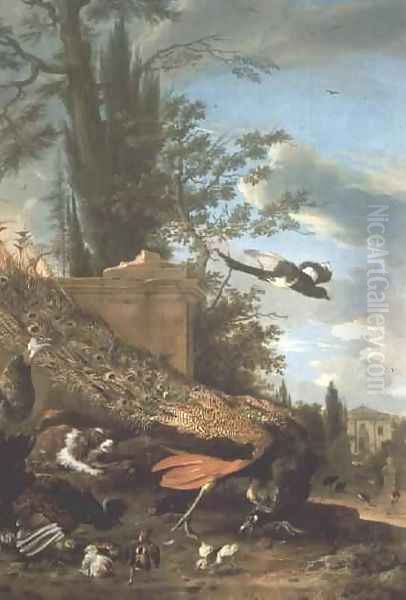 A Peacock and a Spaniel in the Garden of a Villa Oil Painting by Melchior de Hondecoeter