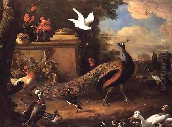 Peacocks and other Birds by a Lake Oil Painting by Melchior de Hondecoeter