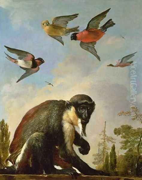 Chained monkey in a landscape Oil Painting by Melchior de Hondecoeter