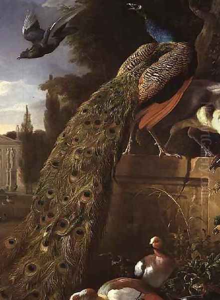 Peacock and a Peahen on a Plinth with Ducks and Other Birds in a Park Oil Painting by Melchior de Hondecoeter